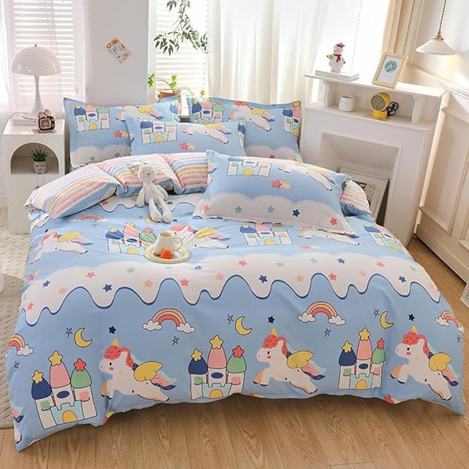 100% Cotton Kids Duvet Cover Set - Unicorn & Rainbow Bedding Twin Size, Kawaii Comforter Cover for Girls & Boys, Soft Breathable Bedding Set with Cute Design(Unicorn,Twin)