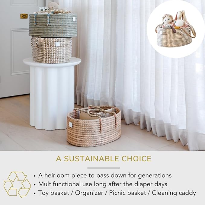 BEBE BASK Premium Pink Baby Diaper Caddy Organizer -Handmade - Seagrass Basket With Cotton Divider - Award-Winning & Luxury Pink Diaper Caddy Basket - (Blush)