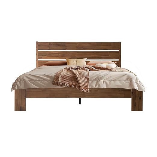 Queen Size Bed Frame with Headboard & Footboard Solid Wood Platform Bed, Central Metal Legs, 12 Sturdy Slatted Base, Easy Assembly, No Box Spring Needed, Anti-Noise & Slip-Free, Walnut Finish, QIQ-37