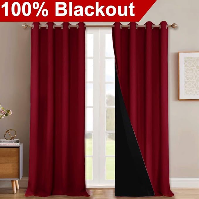 NICETOWN Cold Blocking Curtains, Truly Blackout Drapes, Heavy-Duty Full Light Shading Curtain Set with Black Liner Backing for Villa/Hall/Dorm（Burgundy Red, Set of 2, 52 inches Wide x 95 inches Long