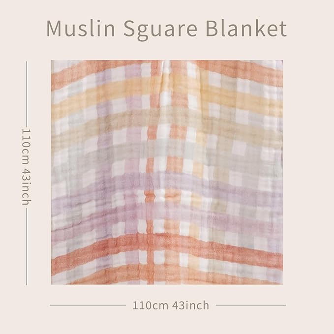 Muslin Swaddle Blankets 6-Layer Cotton Baby Blankets for Boys & Girls 43"X43"Inches Receiving Blankets,Soft Skin-Friendly Baby Crib Blanket,Breathable Quilt Bedspread(Rainbow Grid)