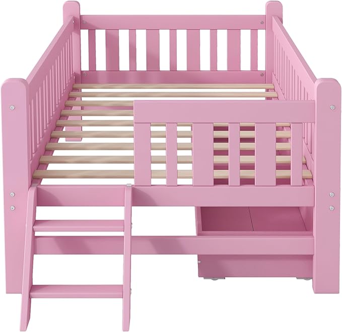 LUMISOL Twin Size Bed Frame with Drawers, Wood Twin Size Platform Bed with Guardrail and Slide Ladder, Twin Bed Frames for Girls Boys Teens, Pink Twin Bed Frame