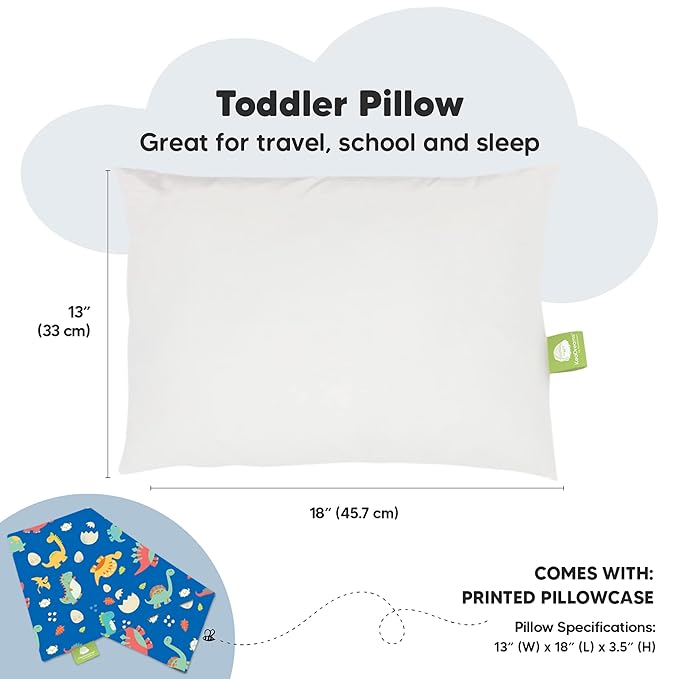 Toddler Pillow with Pillowcase - 13x18 My Little Dreamy Kids Travel Bed Pillows for Sleeping, Organic Cotton Small Pillowcase, Soft & Breathable, Machine Washable, Toddlers 2-5 years old (DinoWorld)