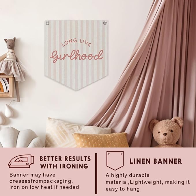 Lacama Girl Room Decor, Long Live Girlhood Linen Banner Hanging Flag Retro Pink Banner for Nursery Playroom Wall Decor for Kids Bedroom Dorm Toddler Decorations Trendy Room Decor 12.4x14 in