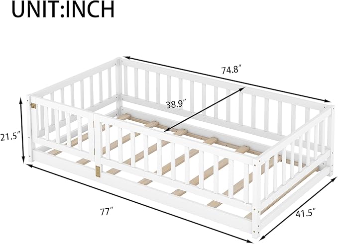 Twin Size Floor Bed Frame with Door and Slats,Montessori Floor Bed with Safety Guardrails for Girls Boys,Solid Wood Kids Montessori Bed Twin Size,White