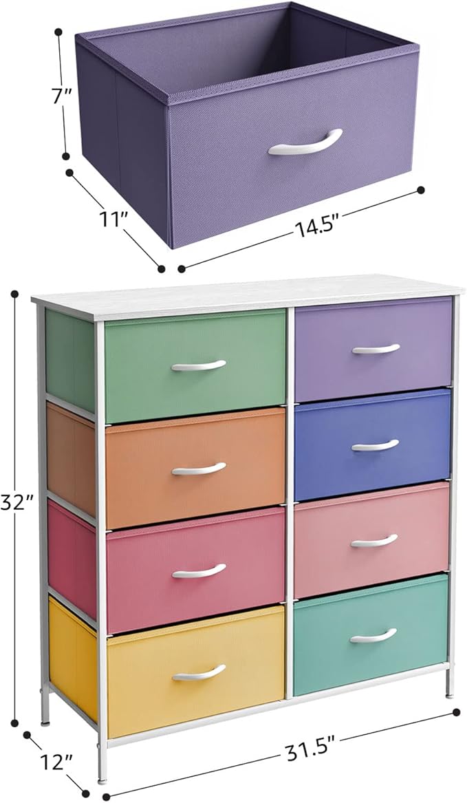Sorbus Kids Dresser with 8 Drawers - Furniture Storage Chest Tower Unit for Bedroom, Hallway, Closet, Office Organization - Steel Frame, Wood Top, Tie-dye Fabric Bins (Pastel 2)