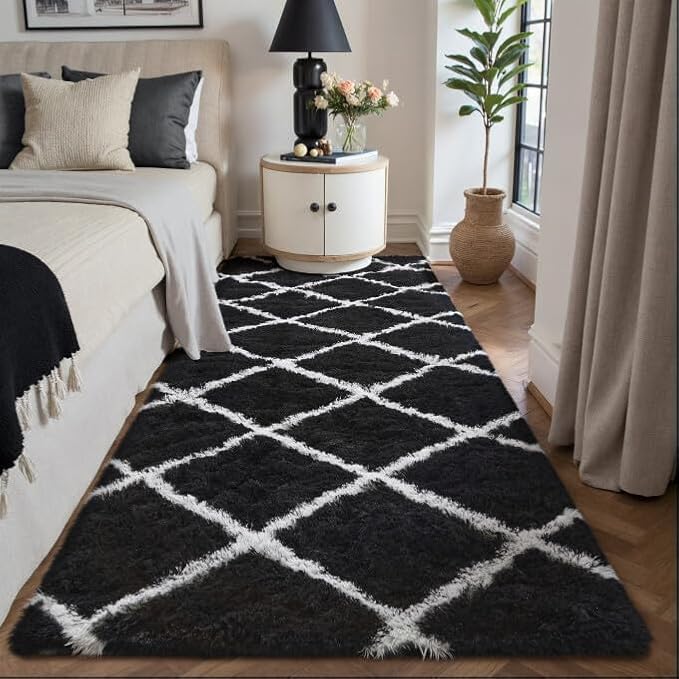 2x6 Checkered Runner Rug Black and White Modern Soft Carpet Fluffy Non-Slip Carpet for Bedroom Living Room Playroom Home Aesthetic Decor
