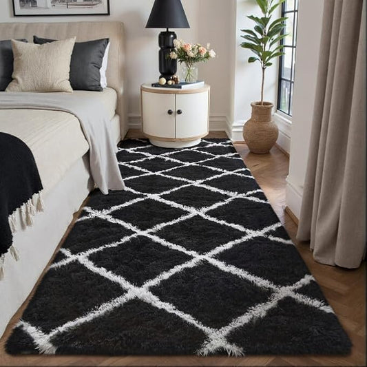 2x6 Checkered Runner Rug Black and White Modern Soft Carpet Fluffy Non-Slip Carpet for Bedroom Living Room Playroom Home Aesthetic Decor