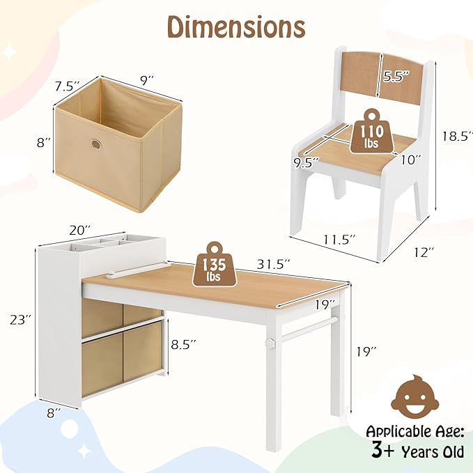 Costzon Kids Table and Chairs, 3 in 1 Wooden Art Drawing Table with 2 Chairs, 4 Fabric Bins, Multiple Open Storage Compartments & a Paper Roll, Toddler Table and Chair Set (Natural)