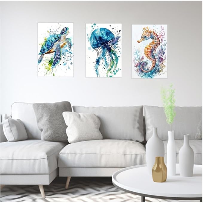 DOARTDO Ocean Animals Wall Art 3 Pieces Sea Animals Canvas Prints Watercolor Seahorse Jellyfish Sea Turtle Pictures Kids Nursery Bathroom Home Decor Framed (24"x36"x3 Pieces)