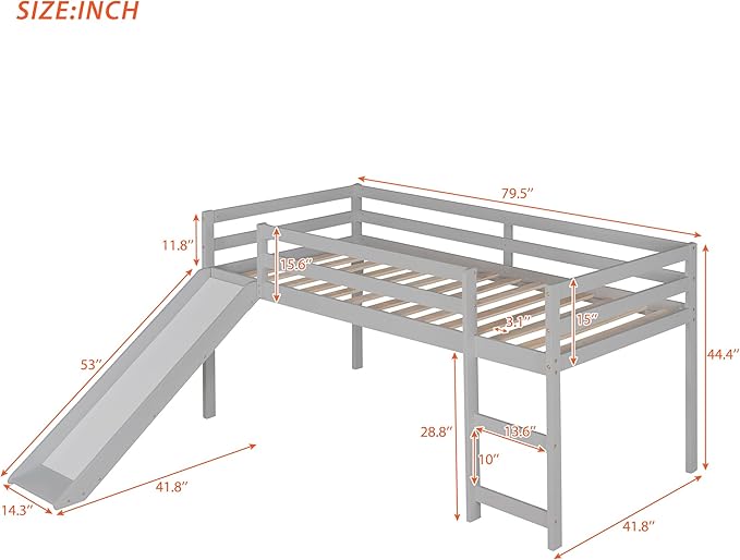 Loft Twin Bed Frame for Boys Girls Kids Toddler with Slide, Multifunctional Design, Twin (Gray)