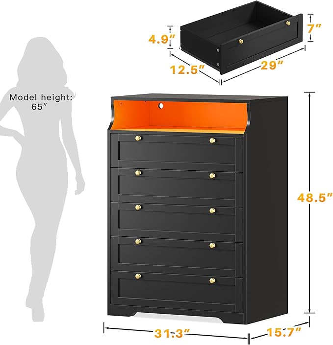 EnHomee Black Dresser with LED Light, Tall Dresser for Bedroom, 5 Drawers & 1 Shelves Space Saver for Bedroom, Hallway, 31.3" W x 48.5" H x 15.7" D