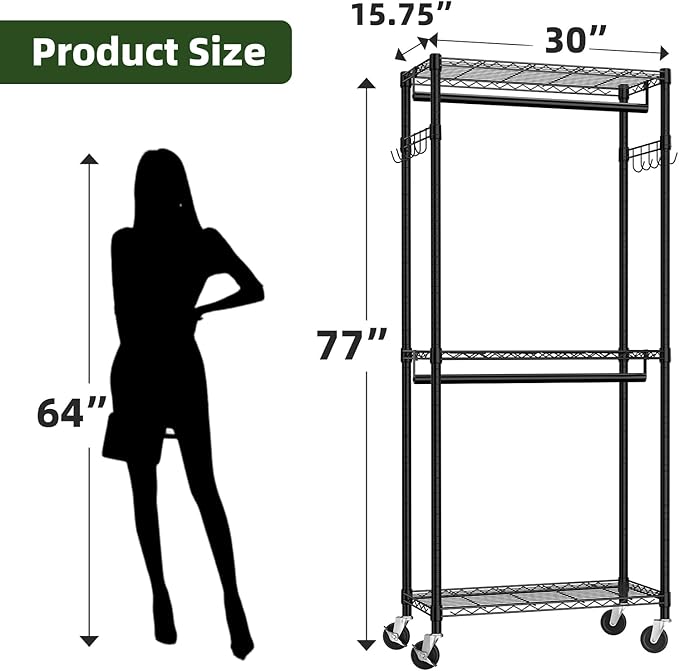 Portable Closet, Heavy Duty Clothes Rack on Wheels, Wardrobe Closet for Hanging Clothes, 77 Inch Tall Clothing Rack with Adjustable Mesh Shelves and Hanging Rails, Black