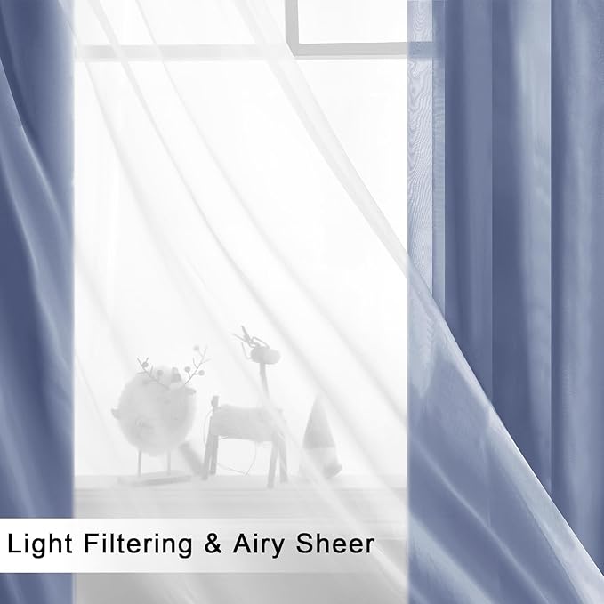 Hiasan Blackout Curtains with Sheer Overlay, Thermal Insulated Mix & Match Double Layer Room Darkening Window Curtains for Bedroom,Living Room,Nursery 2 Panels with Tiebacks (52W X 96L,Blue Haze)