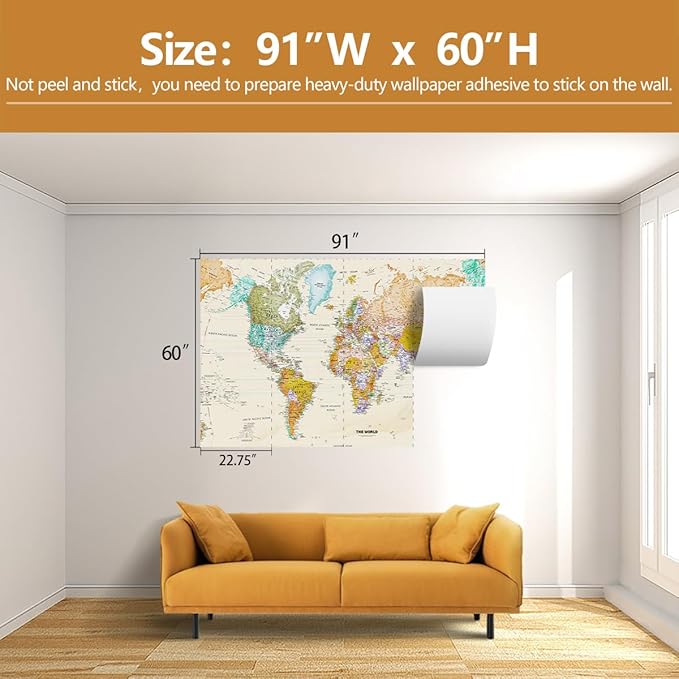 World Map Wallpaper Kids Wallpaper Mural for Nursery（Not Peel and Stick）