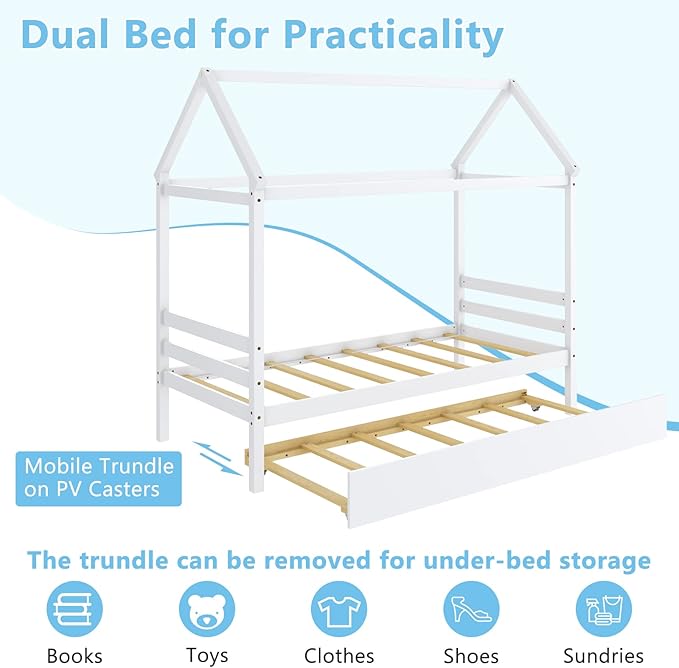 KOMFOTT Twin House Bed with Trundle, Solid Wood Playhouse Platform Bed Frame, Kids Daybed with Roof for Girls & Boys, No Box Spring Needed, Noise-Free Design, Easy Assembly, White