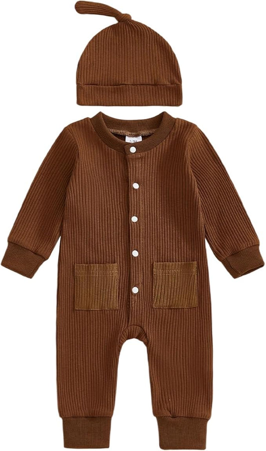 Infant Boys Fall Clothes Newborn Baby Romper Hat Stripe Knit Long Sleeve Bodysuit Jumpsuit Baby Going Home Outfit