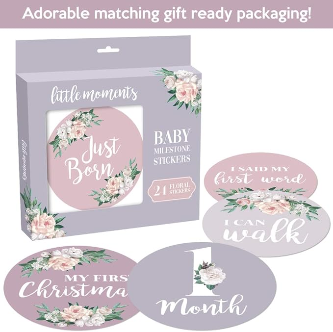 Baby Monthly Stickers - Set of 24 - Floral Baby Girl Milestone Stickers - Perfect for Newborn Girls - Month to Month Milestones - Purple Mauve Floral Design (Set of 24)