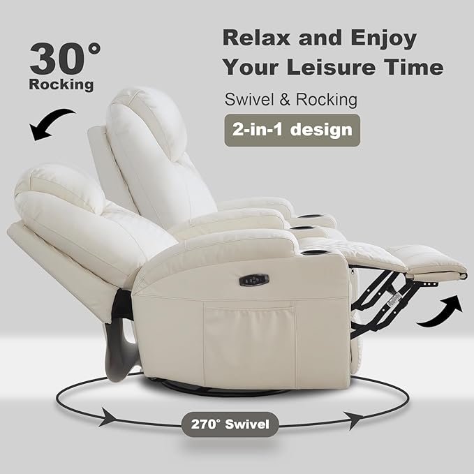 Power Swivel Rocker Recliner Chair with Massage and Heat/LED Lights/USB and Type-C Ports/Infinite Position/Cup Holder, Electric Glider Reclining Sofa for Nursery Living Room (2, Beige)