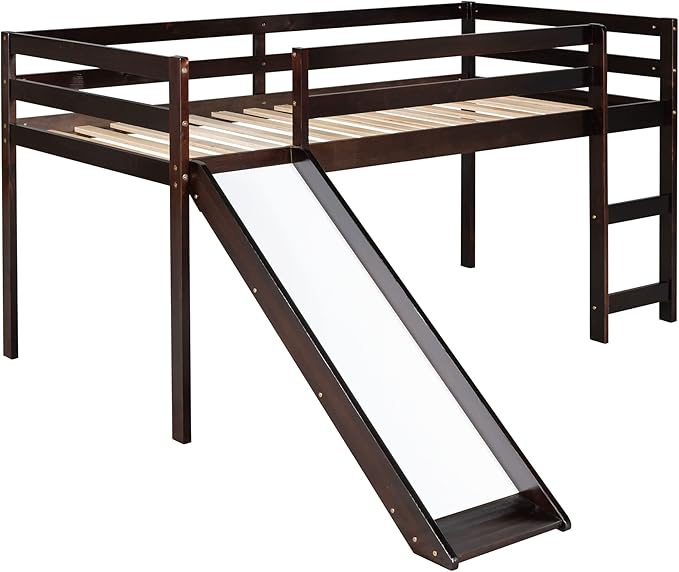 Loft Twin Bed Frame for Boys Girls Kids Toddler with Slide, Multifunctional Design, Twin (Espresso)