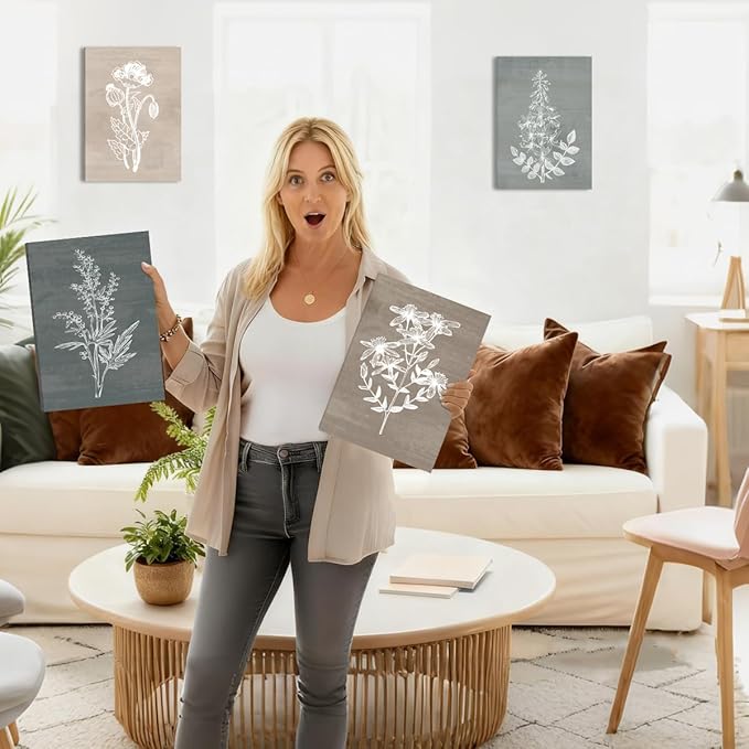 BINCUE Neutral Botanical Plant Canvas 6 Pieces Rustic Farmhouse Wall Art for Living Room Bedroom and Bathroom,Canvas Paintings Print Set Decor 12"x 16"