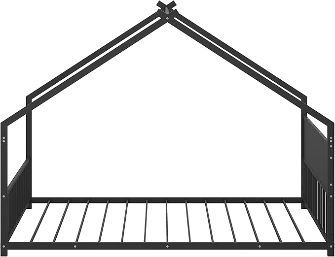 Ball & Cast Twin Size Floor Bed,Low to Ground Montessori Bed with Roof & Colorful LED Lights,Toddler House Bed Frame W/Slats and Legs,No Box Spring Needed,for Girls Boys,Black