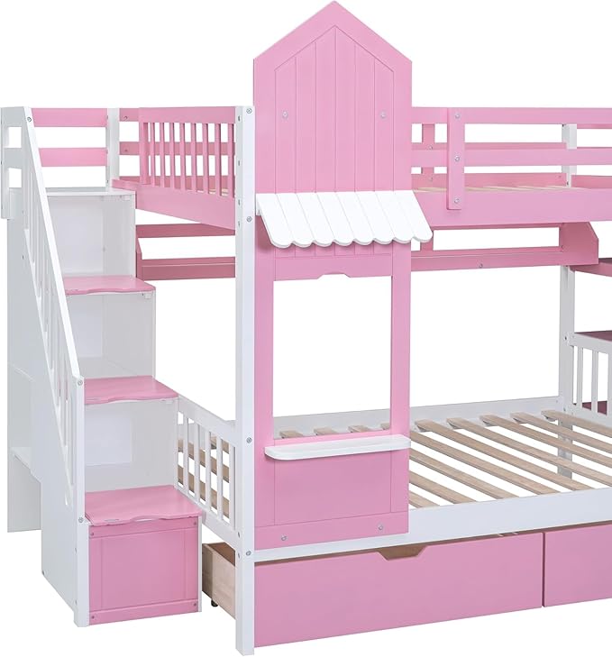 MERITLINE Full Over Full Castle Bunk Bed with Slide,Stairs and Drawers,Solid Wood Floor House Princess Bunk Bed with Storage Shelves (Pink,Full Over Full)