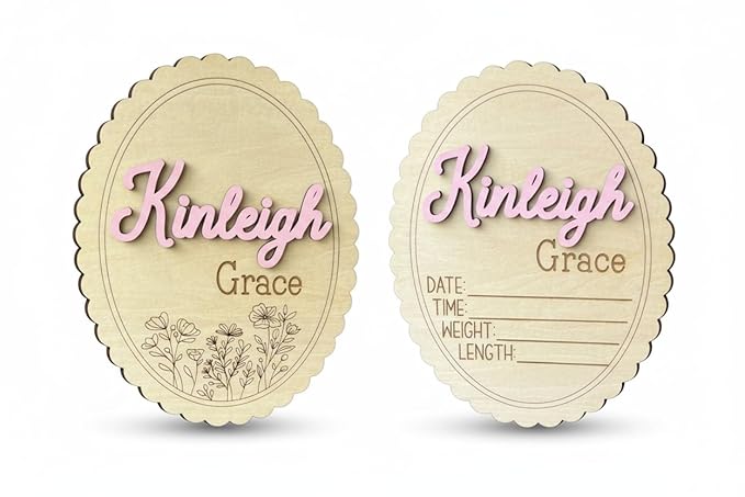 Personalized 3D Baby Name Sign with Floral Design, Scallop Engraved Birth Announcement Plaque, Baby Shower - Newborn Keepsake (Name + Stat Sign Bundle)