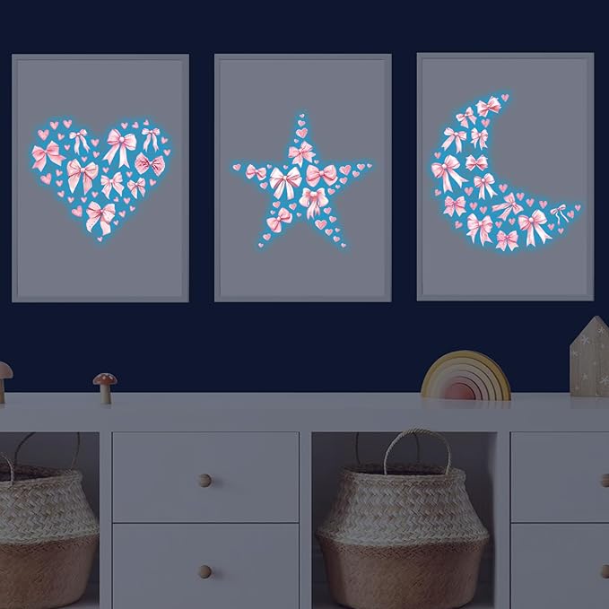 Glow in The Dark Pink Bow Wall Stickers Glowing Luminous Light Pink Bow Knot Wall Decals Watercolor Coquette Wall Art Decor Wallpaper for Nursery Kindergarten Girls Bedroom