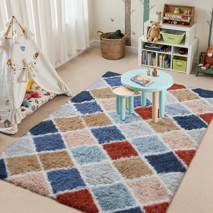 4x6 Checkered Rug for Living Room Rainbow Modern Soft Area Rug Fluffy Non-Slip Carpet for Bedroom Playroom Home Aesthetic Decor