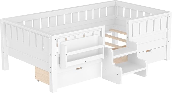 Bellemave Twin Size Kids Bed with high Rails and with Built-in Bookshelf and Drawers for Kids, Girls, Boys, Wood Montessori Bed Without Door, White