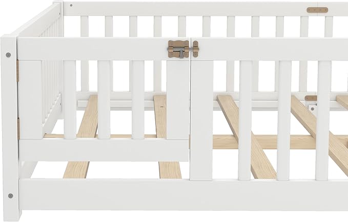 Bellemave Queen Size Floor Bed with Rails for Kids, Girls, Boys, Pine,Plywood Floor Bed with slats and Door, White