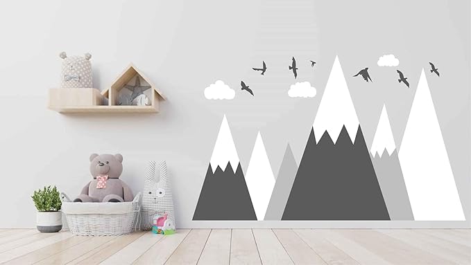 Mountain Wall Decal Baby Room Nursery Adventure Theme Cloud Birds Vinyl Wall Stickers BA972 (Color 2-Grey, 71X43.inches)