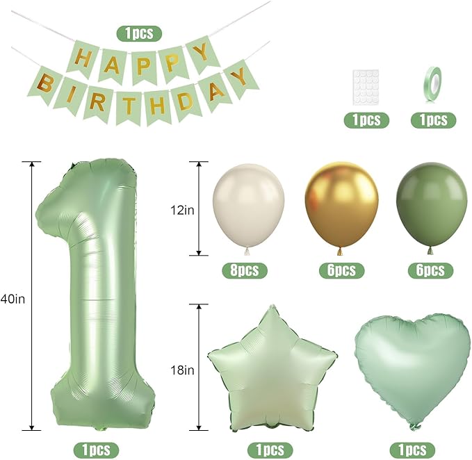 1st Birthday Decoration for Boys Girls, Sage Green White Gold 1st Birthday Balloon with 40 Inch Number 1 Balloon Star Heart Balloons and Happy Birthday Banner for Baby 1 Year Old Birthday Party Decor