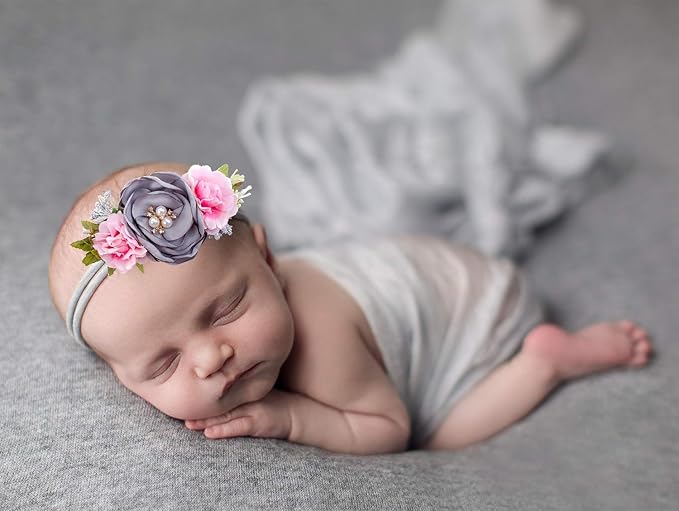 Baby Girl Floral Headbands- 3pcs Nylon Headband Handmade Flower Crown Elastic Hairband Newborn Toddler Hair Accessories Gifts for Girls （1-6 years old）