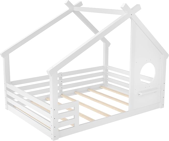 Polibi Full Size Floor Bed with House-Shaped Roof,Window and a Small Shelf, Solid Wood Low Profile Floor Bed for Kids, No Box Spring, White