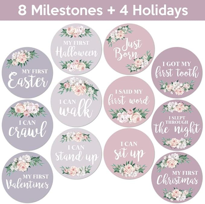 Baby Monthly Stickers - Set of 24 - Floral Baby Girl Milestone Stickers - Perfect for Newborn Girls - Month to Month Milestones - Purple Mauve Floral Design (Set of 24)