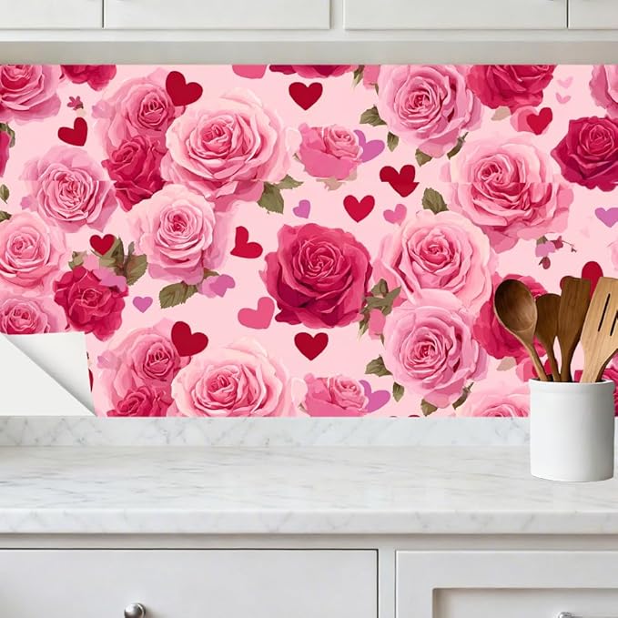 Rose Heart PVC Wallpaper Sticker 39.37x15.75 Inch Pink Flower Pattern Self Adhesive Decorative Wall Decal for Bedroom Living Room Valentine Home Decor
