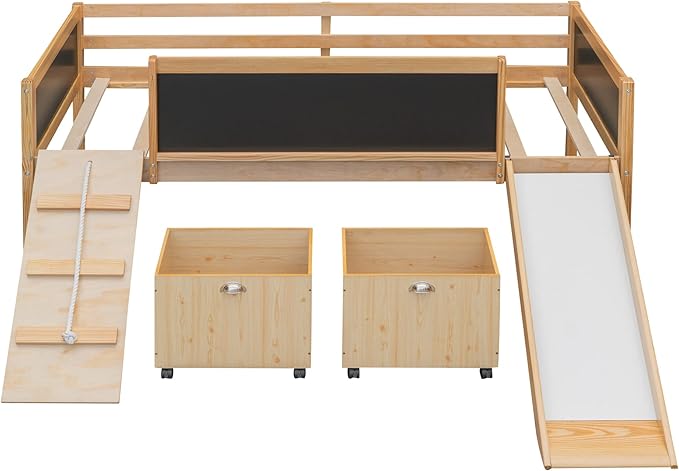 Play Fun Design Twin Size Loft Bed with Slide and Rope Climbing Ladder for Kids Boys Girls, Solid Wood Loft Bed Frame with 2 Storage Boxes and Double-sided Chalkboard, Sturdy Slat Support (Natrual-2)