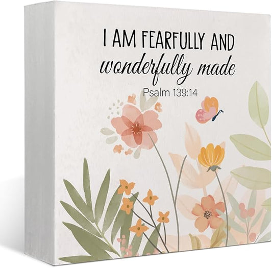 Bible Verse Boho Watercolor Wooden Box Block Plaque Sign, Christian Religious Gift, I Am Fearfully And Wonderfully Made, Inspirational Christian Nursery Home Desk Shelf Decor, 5x5