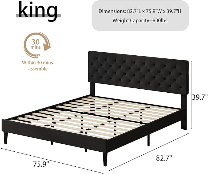 BarnFurin King Bed Frame, Upholstered Platform Bed with Button Tufted Headboard, Fabric Bed Frame with Wooden Slats Support, No Box Spring Required, Easy Assembly, Black