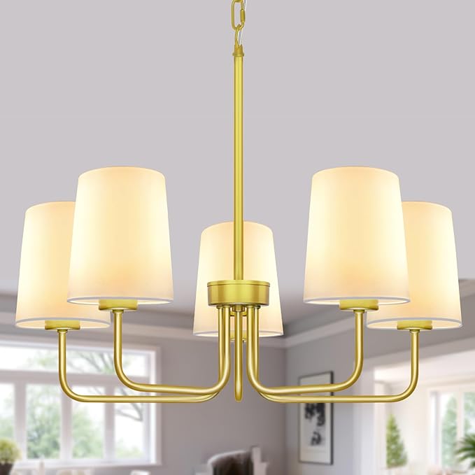 Farmhouse Chandelier, 5-Light Gold Chandelier with White Fabric Shade, Height Adjustable Modern Dining Room Light Fixture with E26 Base for Bedroom Foyer Hallway Entryway Kitchen Living Room