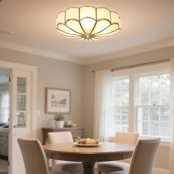 MIXL- Mid Century Brass Flush Mount Ceiling Light,LED Antique Brass Light Fixture, Modern Frosted Glass Ceiling Lamps for Living Room, Close to Ceiling Light Decorative for Bedroom(13.77" W)