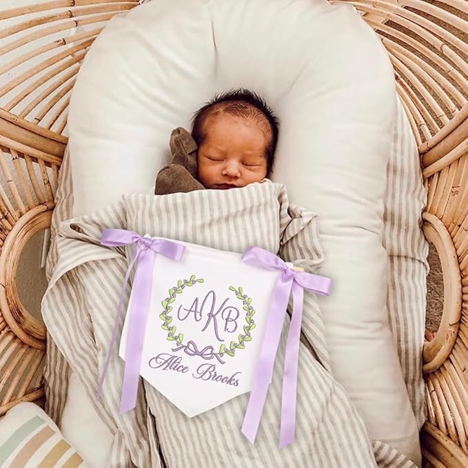 Embroidered Baby Name Sign with Bows Personalized Baby Announcement Sign Newborn Baby Banner Baby Hospital Name Sign Canvas Hanging Pennant Flag Custom Infant Baby Name Baby Shower Banner (01)