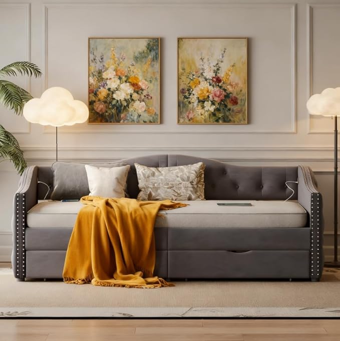 Bellemave Twin Upholstered daybed with 2 Drawers and USB Charging, Velvet Tufted Sofa Bed Twin Size, daybed with Trundle for Adults, Kids, Girls, Teens, for Living Room, Grey