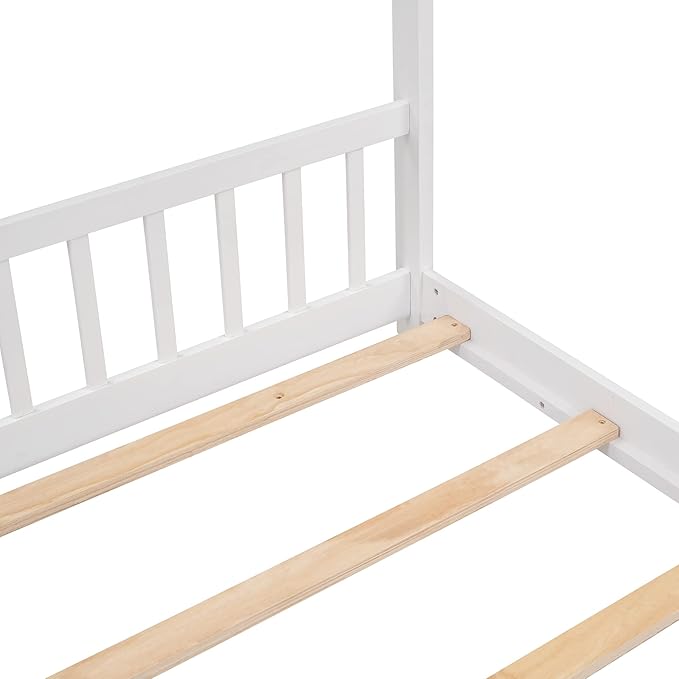 Ball & Cast Full Size Floor Bed,Low to Ground Design Montessori Bed with Roof,Toddler House Bed Frame W/Slats,No Box Spring Needed,for Girls Boys,White