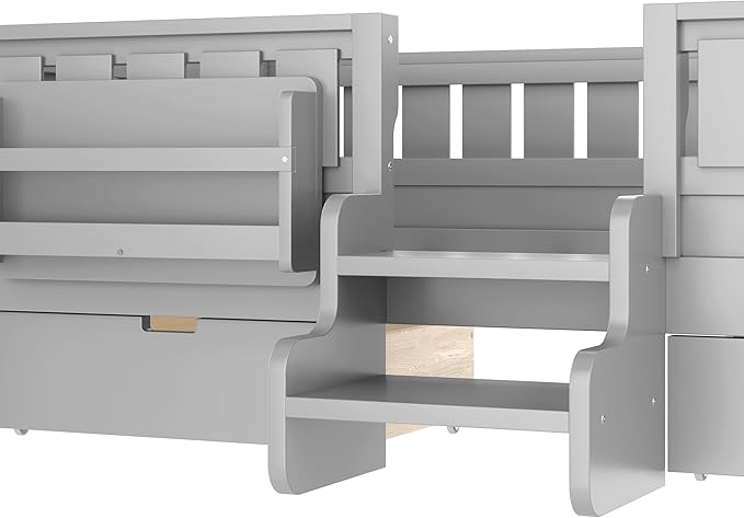 Bellemave Twin Size Kids Bed with high Rails and with Built-in Bookshelf and Drawers for Kids, Girls, Boys, Wood Montessori Bed Without Door, Gray