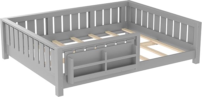 Bellemave Full Size Floor Bed with Slats and Safety Guardrail, Full Size Montessori Floor Bed with Fence and Built-in Bookshelf, Easy Assemble Montessori Beds for Kids, Girls, Boys, Gray