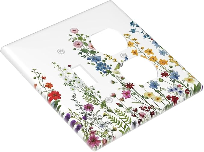 Outlet Covers Colorful Wildflowers Plants Floral 2 Gang Combination 1 Toggle/1 Duplex Light Switch Cover Decorative Gfci Wall Plate Electrical Receptacle Switchplate Faceplate Kitchen Decor