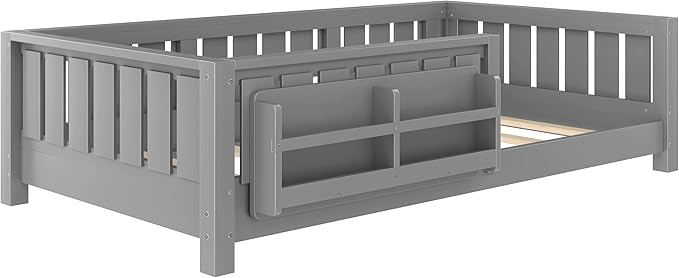 Bellemave Twin Size Floor Bed with high Rails and with Built-in Bookshelf for Kids, Girls, Boys, Wood Montessori Floor Bed Without Door, Gray